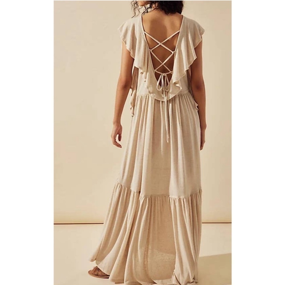 Free People Beach Terrazo Linen Blend Ruffle Back Lace Up Maxi Dress Size Medium